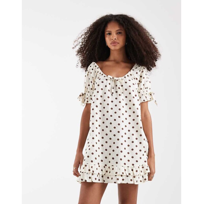 Neon Rose smock dress in beige polka dot-Neutral