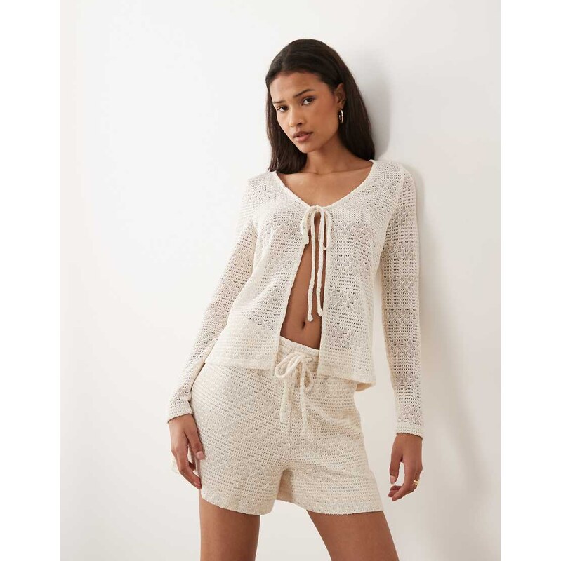 Vila tie front crochet cardigan co-ord in birch cream-White