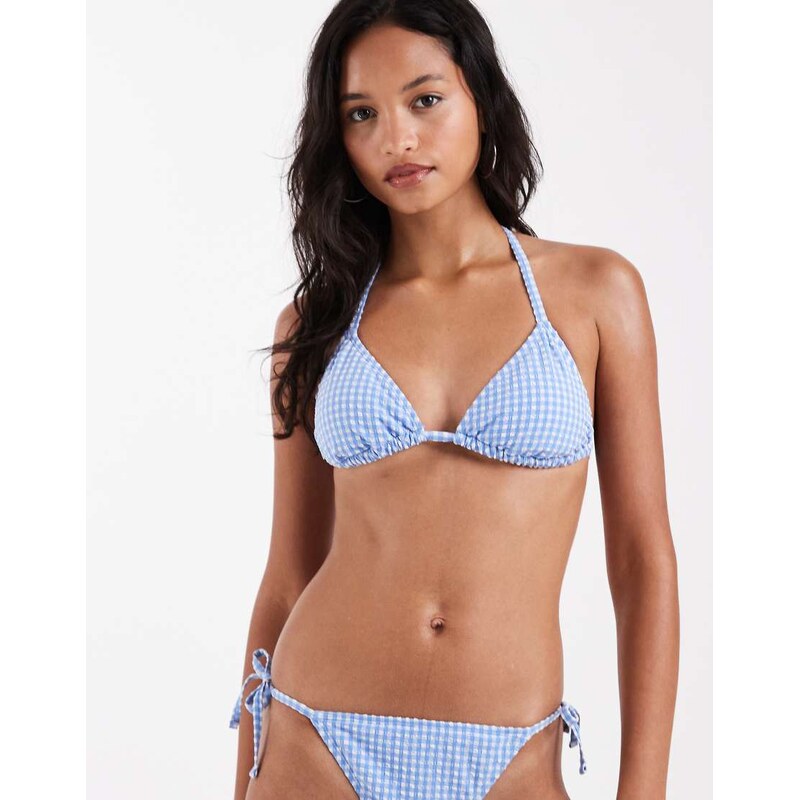 New Look gingham triangle bikini top in blue