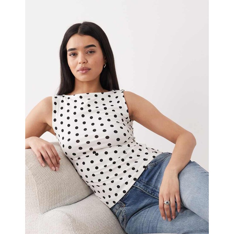 New Look polka dot boatneck tank top in cream-White 114866957