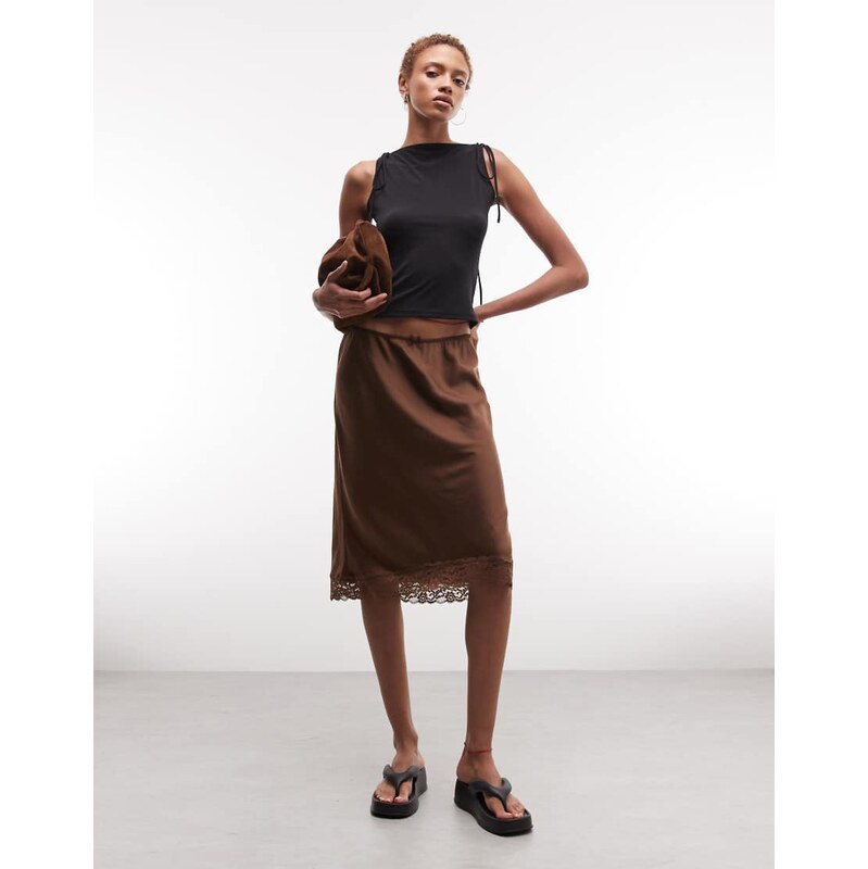 Monki satin look lace midi skirt in brown