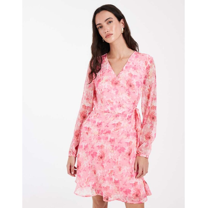 Vero Moda Smilla chiffon long sleeve wrap front mini dress in