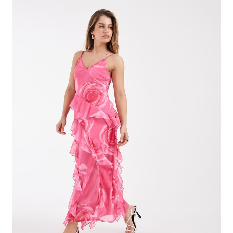 Vero Moda Petite Smilla Chiffon cami ruffle detail midi dress in pink tonal overblown rose print