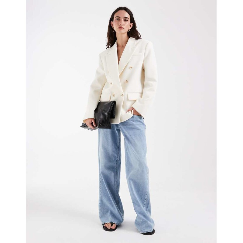 ASOS DESIGN power shoulder double breasted blazer in cream-White