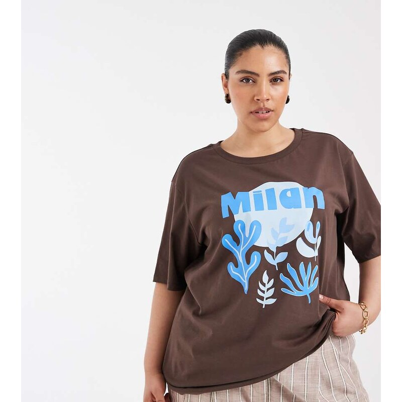 ONLY Curve Milan graphic oversized fit t-shirt in brown