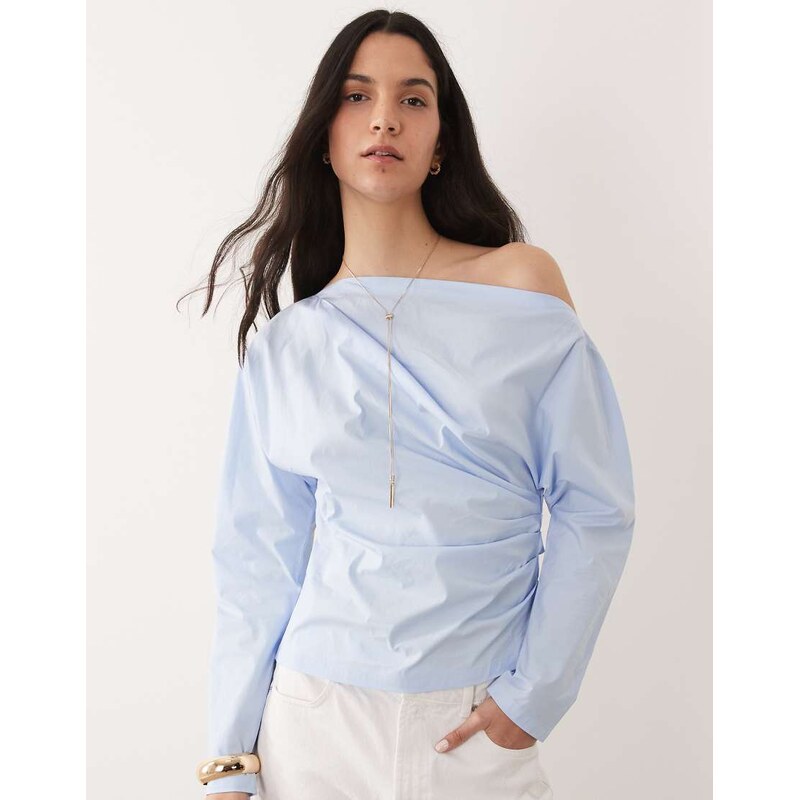 Mango one shoulder long sleeve cinched waist blouse in pale blue 114867000