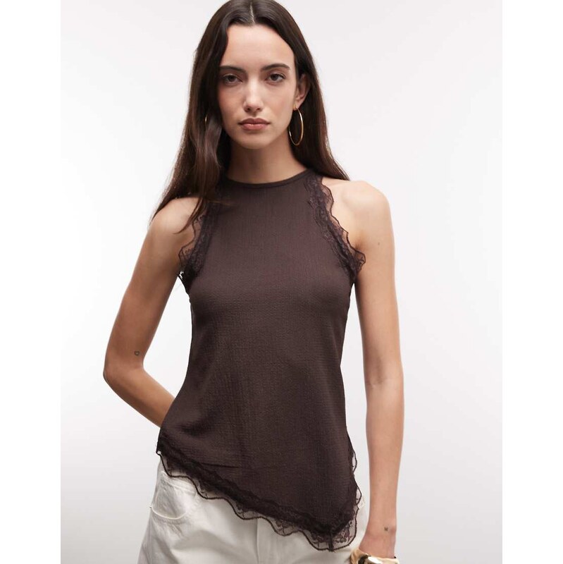 River Island lace trim halterneck textured top in dark brown