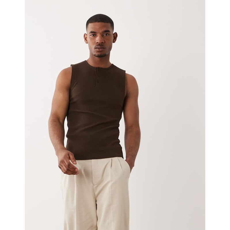 ASOS DESIGN muscle fit tank with henley neck in dark brown rib