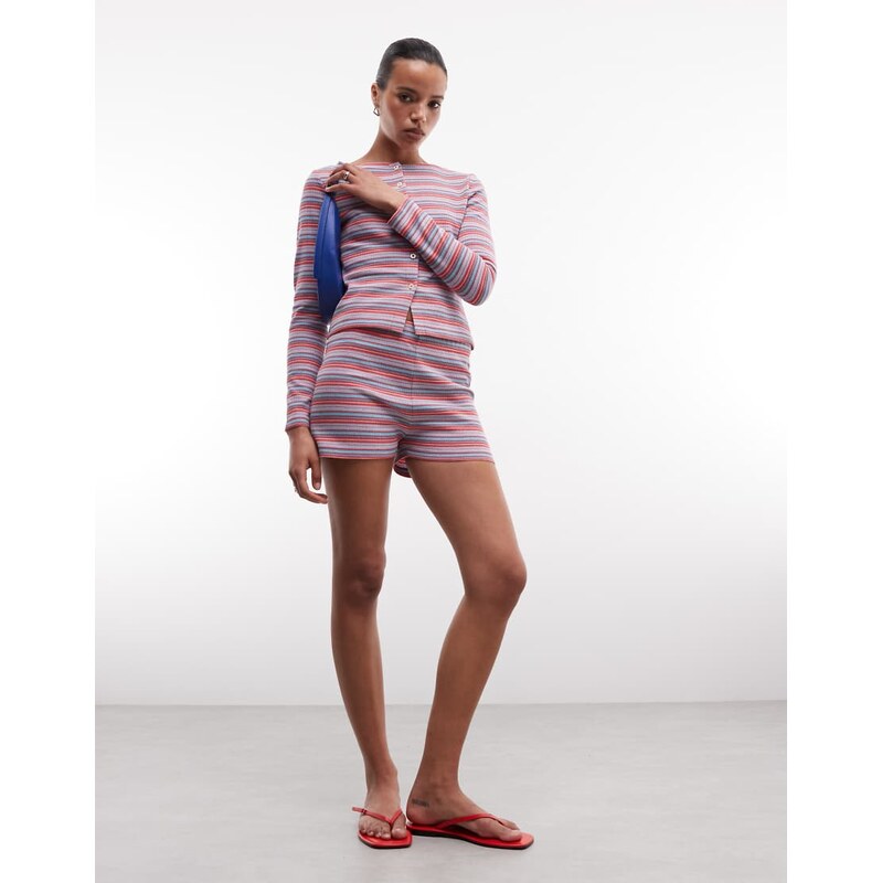 Reclaimed Vintage striped waffle booty shorts in stripe-Pink