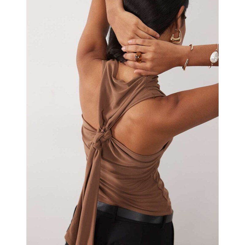 ASOS DESIGN high neck knot back halter top in chocolate-Brown