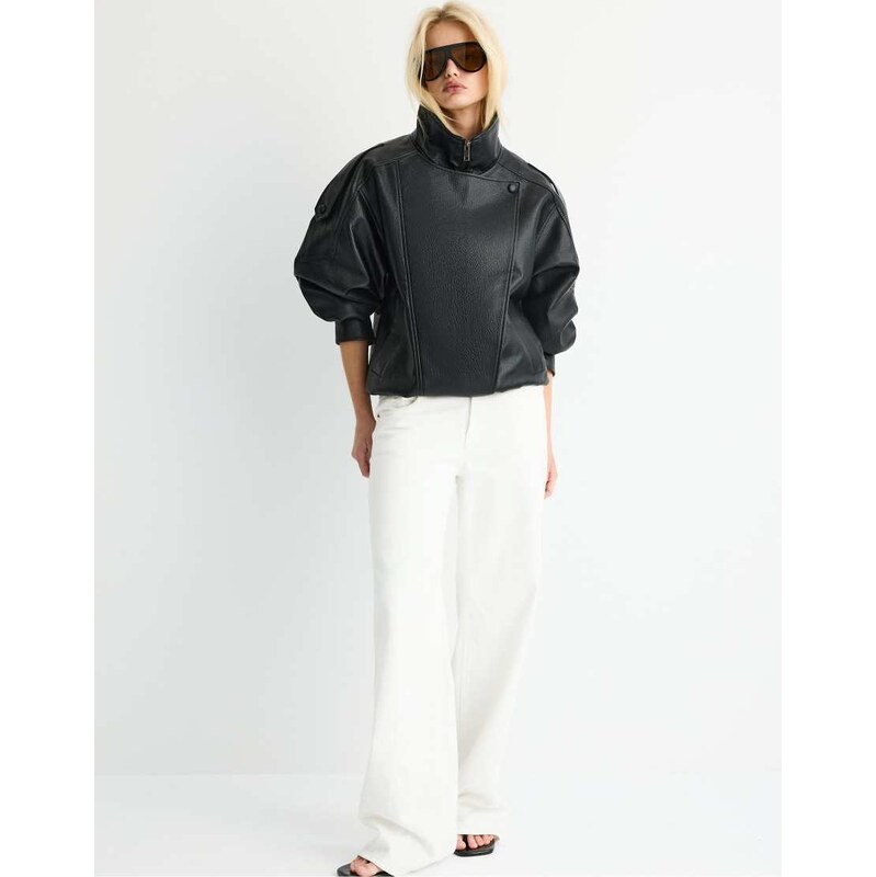 Stradivarius Oversize faux leather biker jacket in black