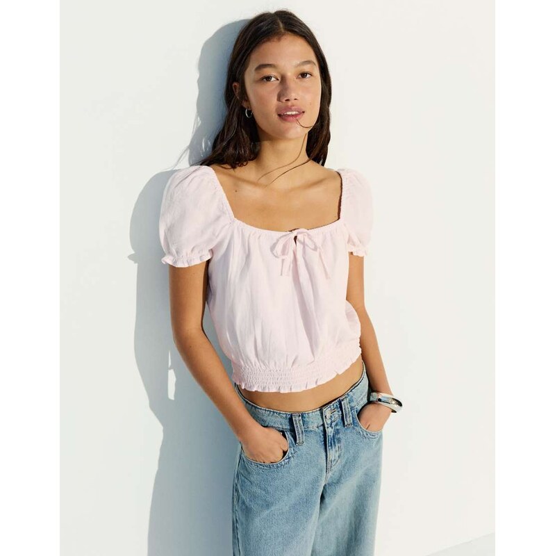 Bershka Rustic puff sleeve blouse in pink 114867068