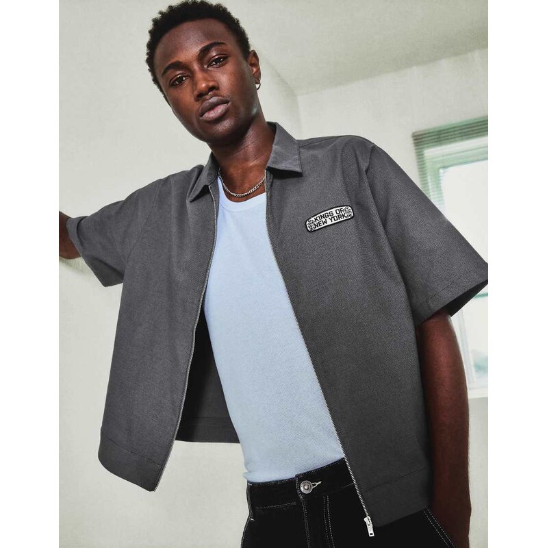 Bershka Embroidered zip short sleeve shirt in grey&black
