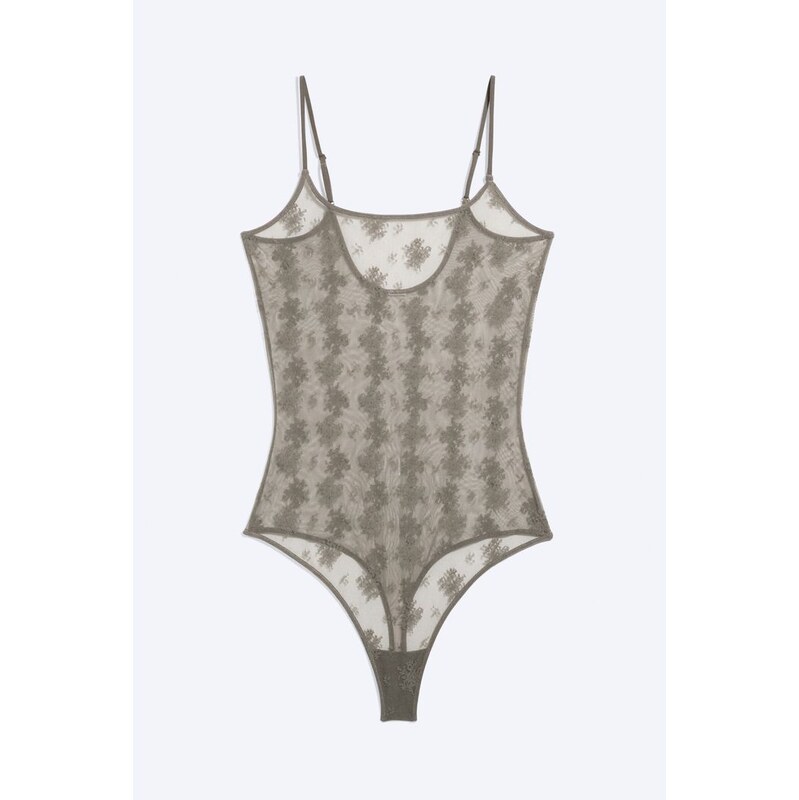 H&M - Průsvitné Krajkové Bodys Nízkým Zadním Dílem - šedá 114868138