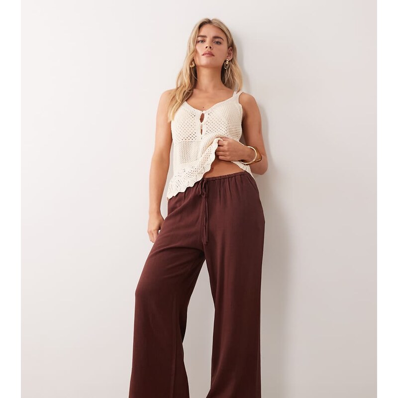Miss Selfridge Petite linen look pull on trouser in chocolate