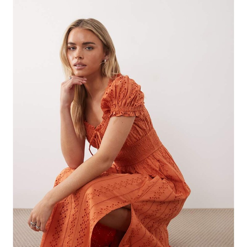 Miss Selfridge Petite broderie milkmaid maxi dress in burnt orange 114870550