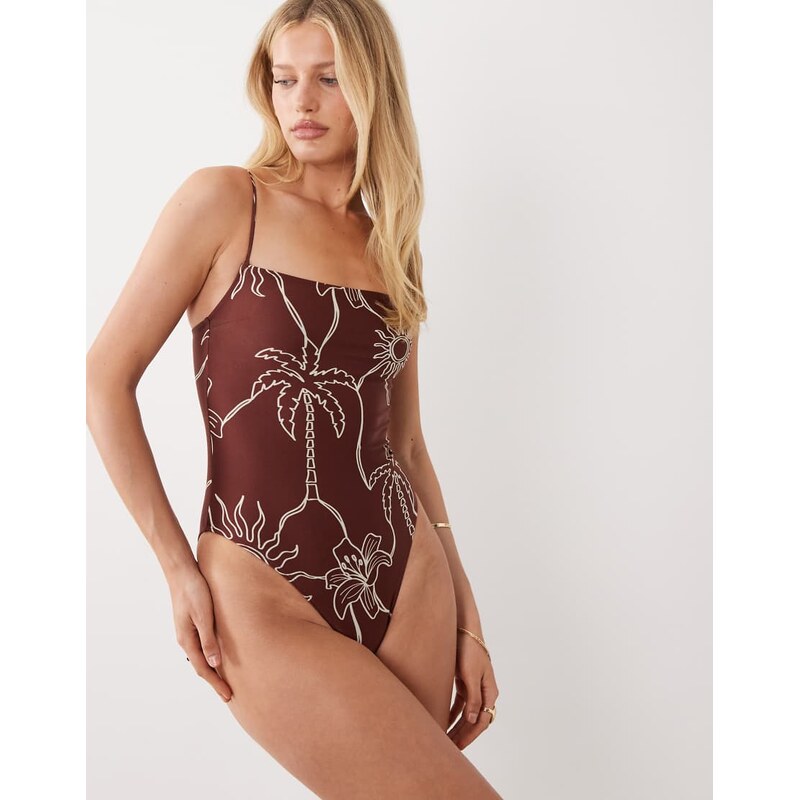 ASOS DESIGN Logan square neck swimsuit in chocolate palm print-Brown 115519671