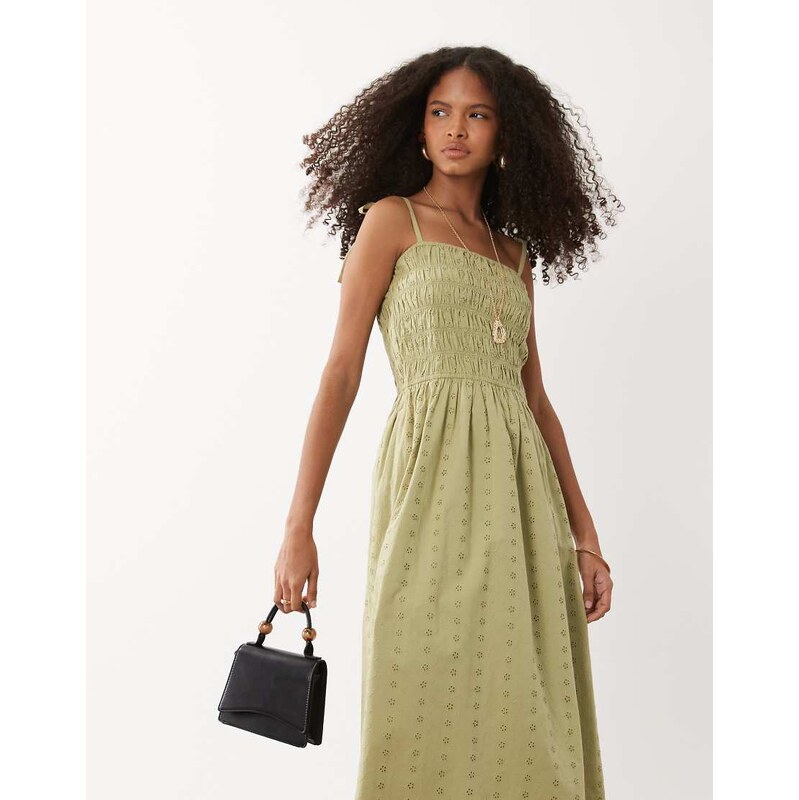 Miss Selfridge strappy broderie maxi dress in sage-Green