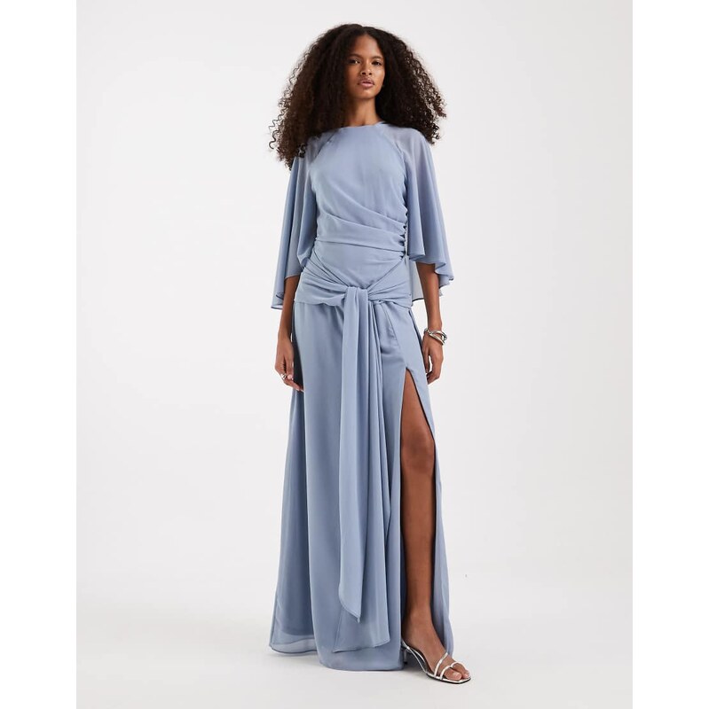 TFNC Bridesmaids cape chiffon maxi dress with tie front in dusty blue 114870570