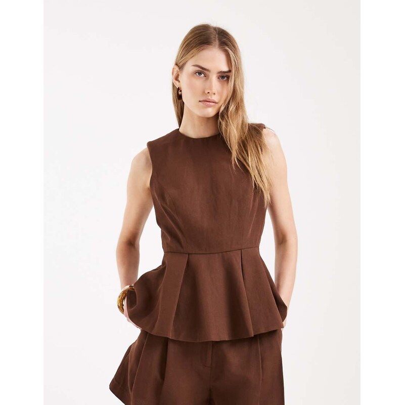 ASOS DESIGN tailored peplum shell top with linen co-ord in brown
