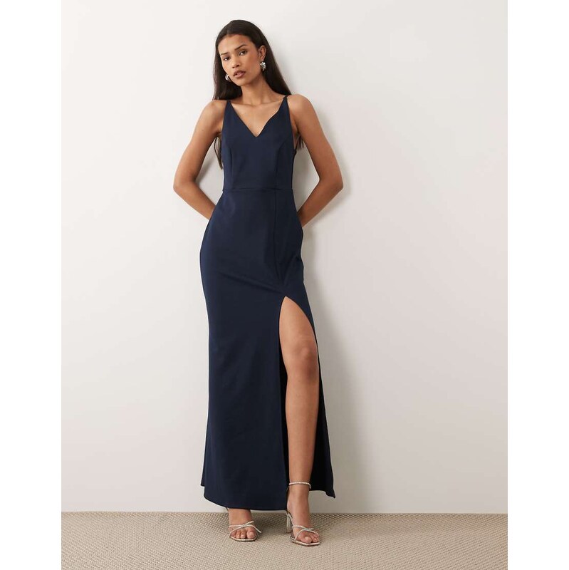 Vila deep v neck maxi dress with leg split in navy