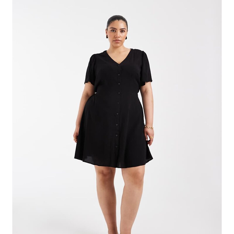 Vero Moda Curve button through mini skater dress in black
