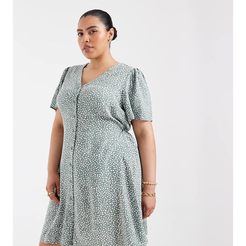 Vero Moda Curve button through mini skater dress in sage green
