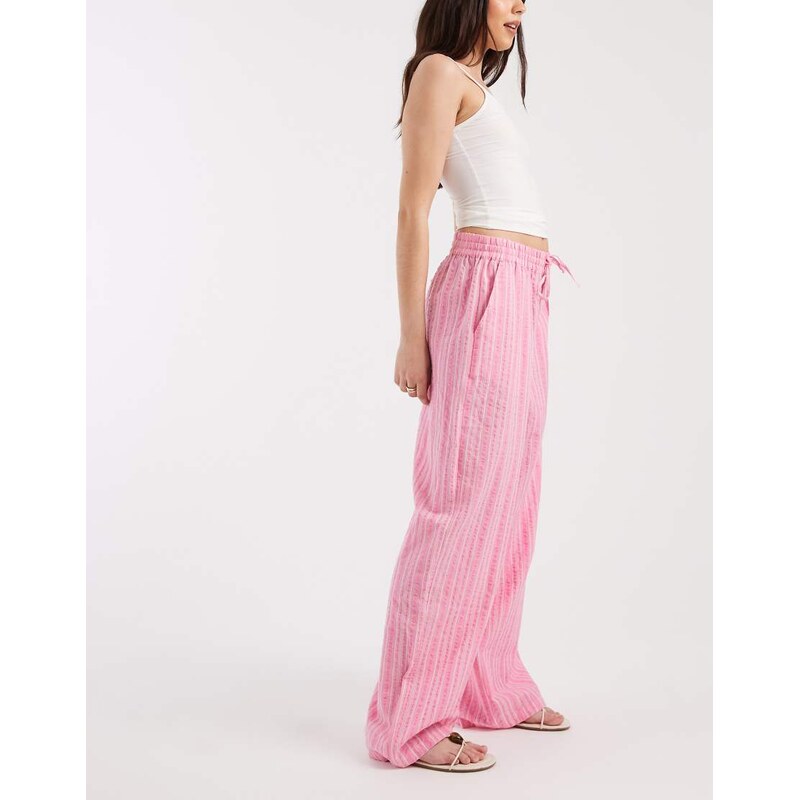 Vero Moda cotton seersucker tie waist wide leg trouser in pink