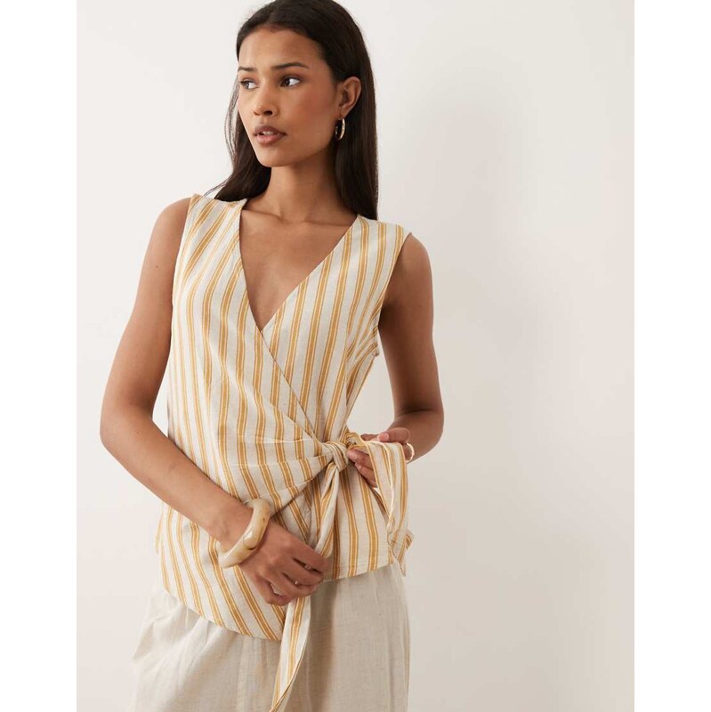 Vila linen touch tie front sleeveless top in amber gold stripe 115548118