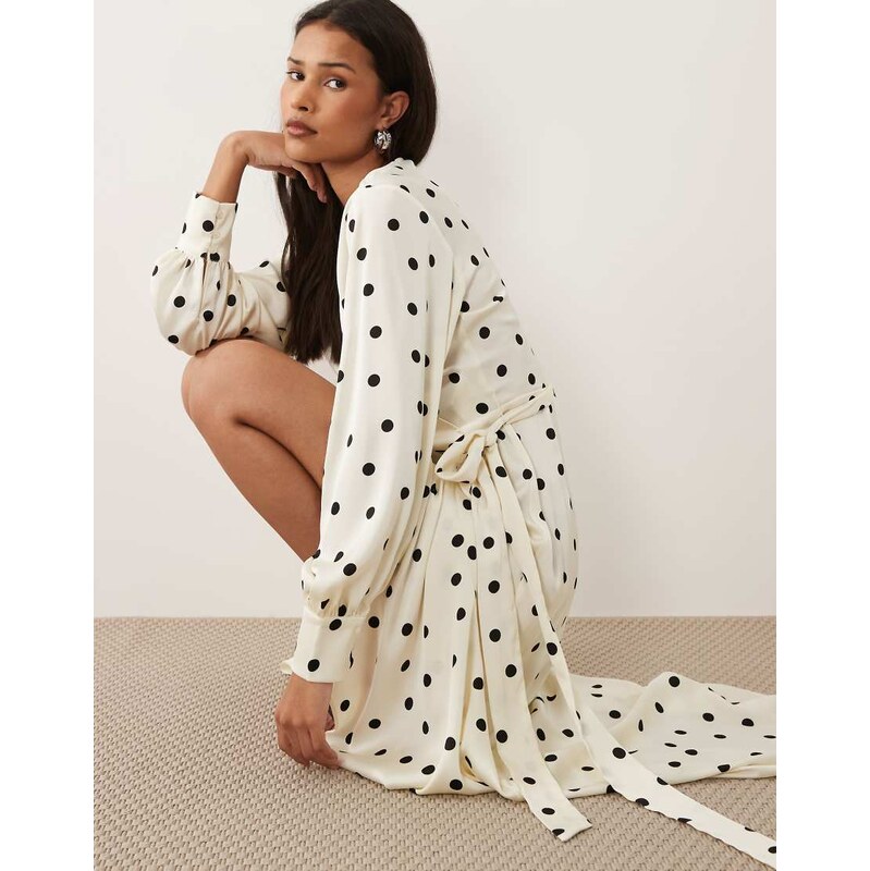 Vila long sleeve satin wrap midi dress in cream polka dot-White