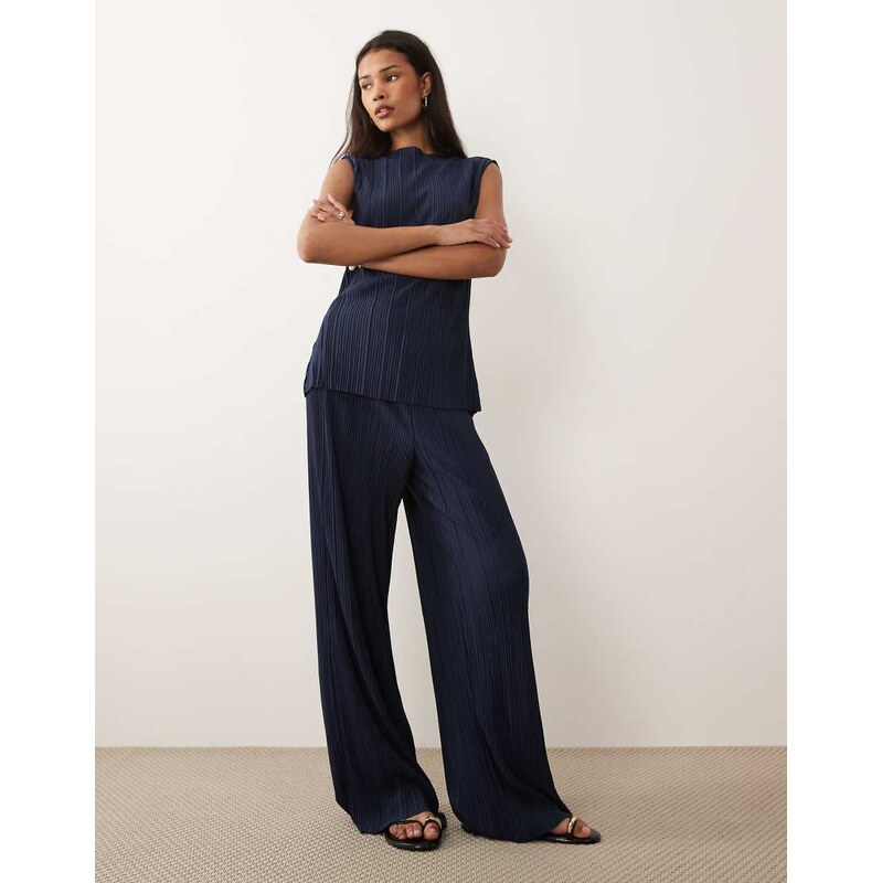 Vila plisse wide leg trouser co-ord in navy