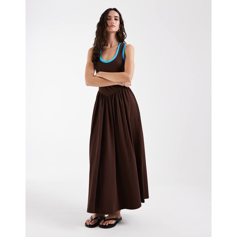 ASOS DESIGN contrast trim midi dress in choc and teal-Multi