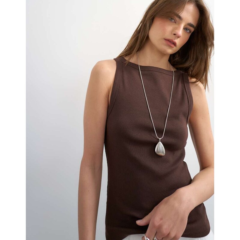 Topshop slash neck racer vest in dark chocolate-Black