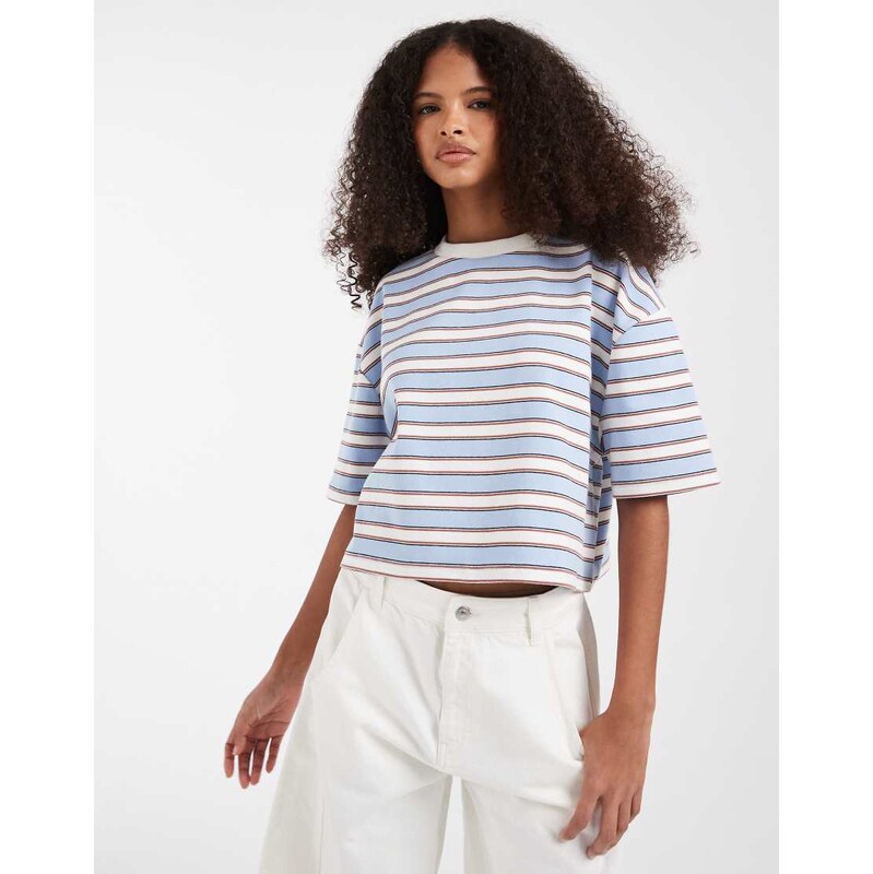 ASOS DESIGN contrast neck boxy crop top light blue and chocolate