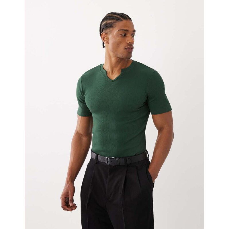 ASOS DESIGN muscle fit t-shirt with notch neck in dark green rib