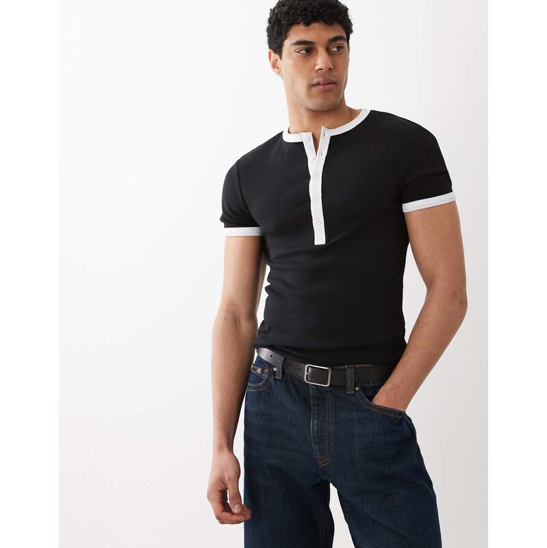 ASOS DESIGN muscle fit t-shirt with henley neck and contrast