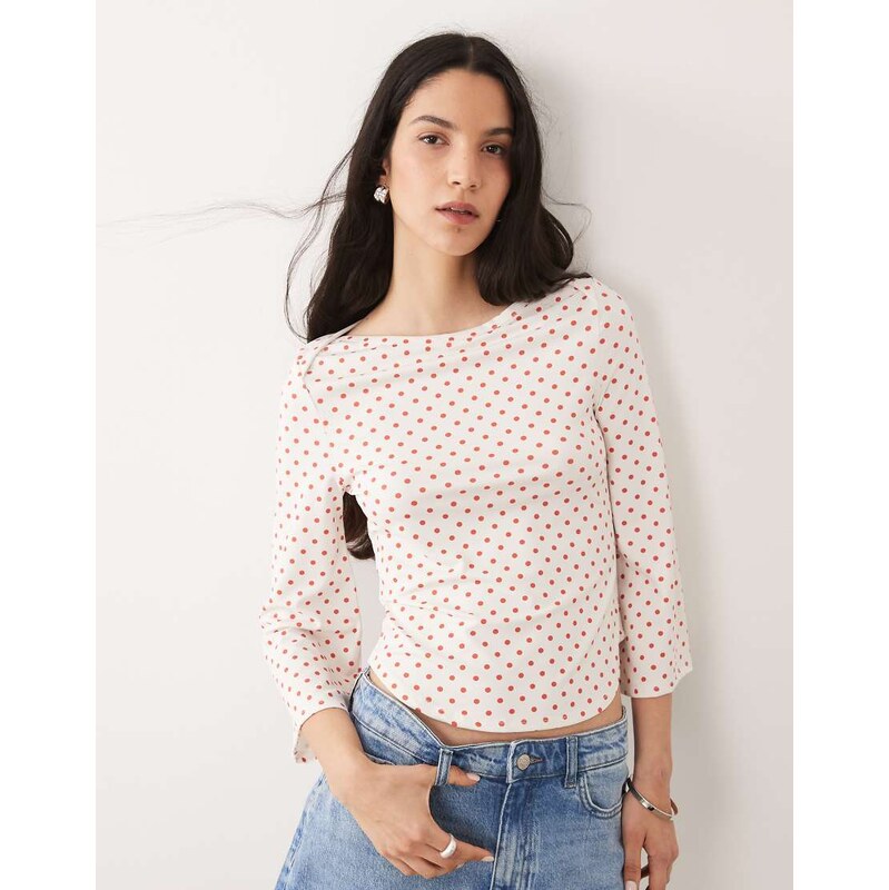ASOS DESIGN 3/4 sleeve top with boat neck in white with red polka dot 114870713
