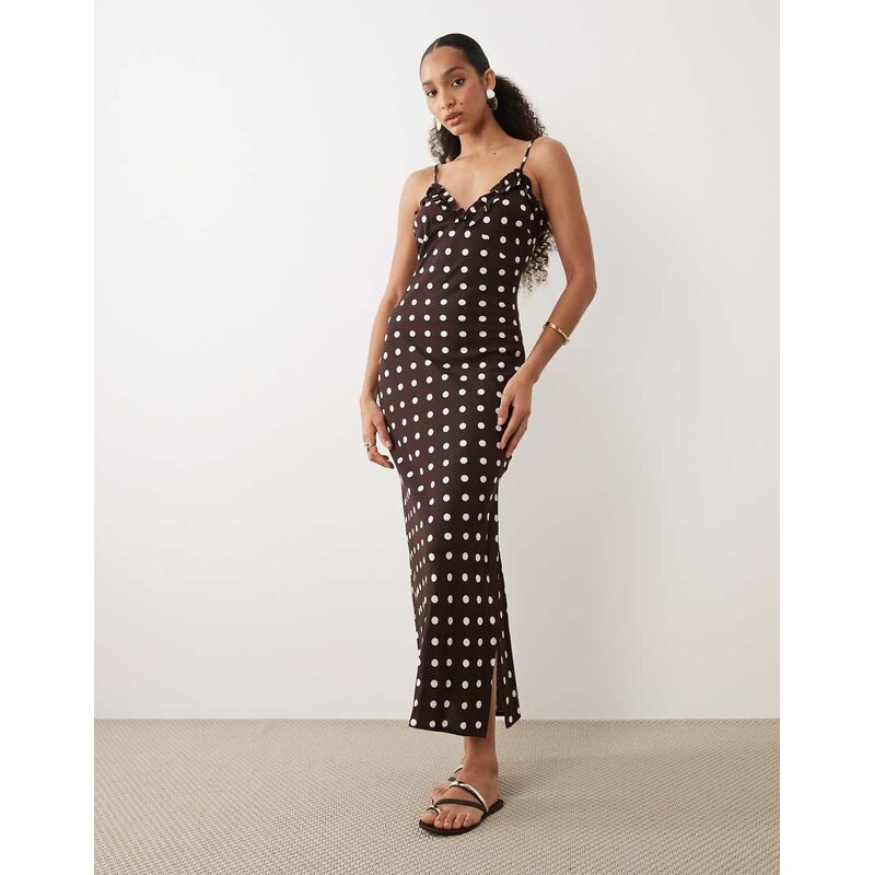 Brave Soul strappy maxi polka dot dress in chocolate brown with ruffle 114976951
