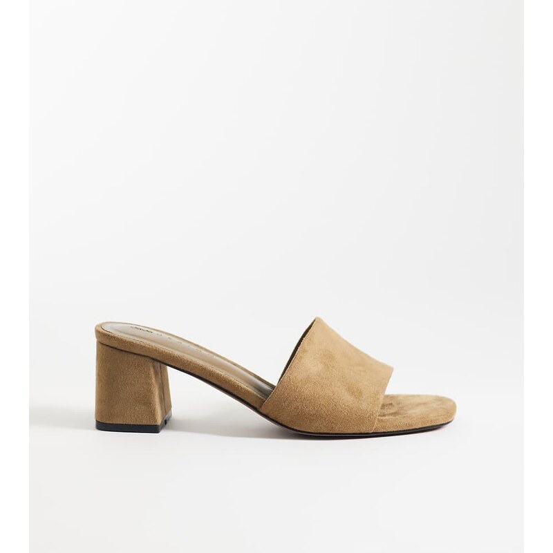 ASOS DESIGN Wide Fit Honeycomb mid heeled mules in taupe