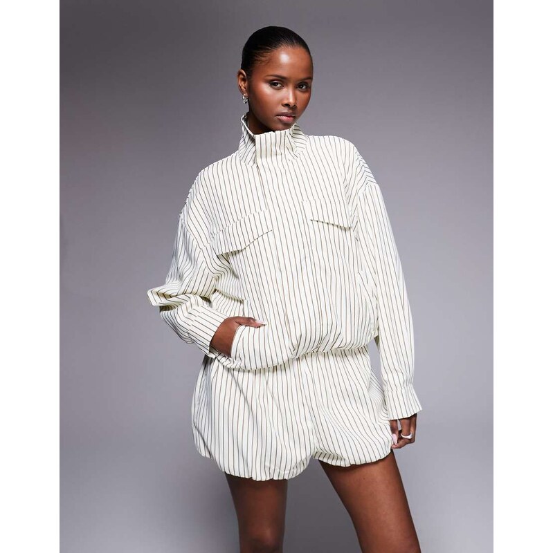Kaiia exclusive striped high collar co-ord jacket in cream and brown 114969431