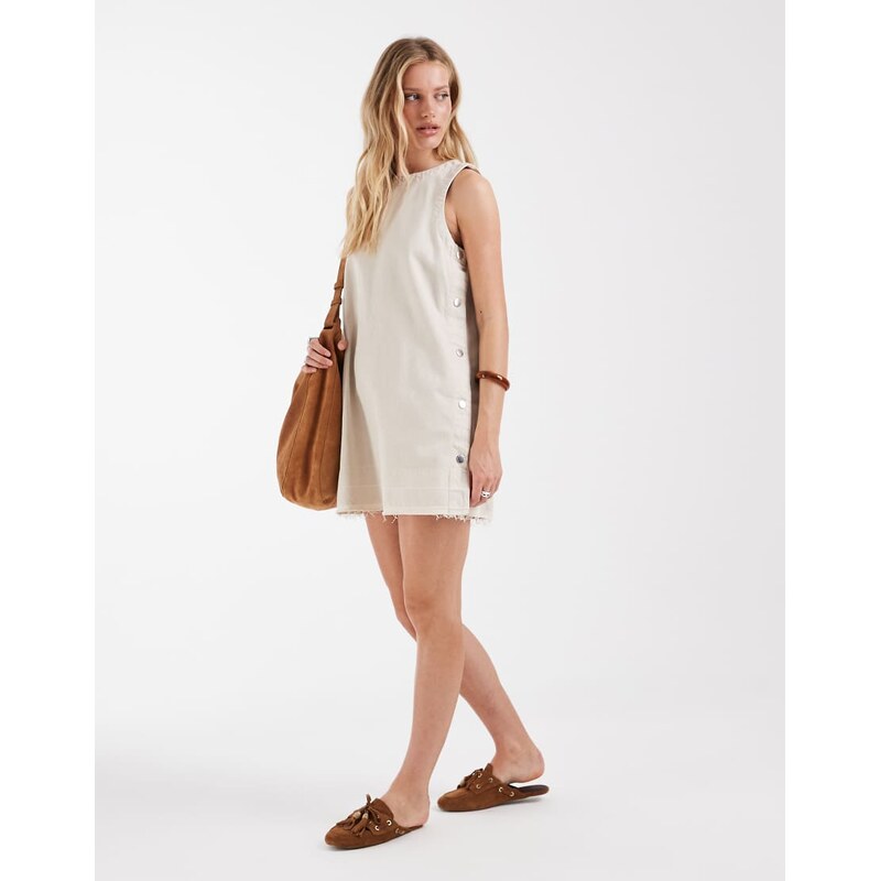 River Island popper side detail denim mini dress in ecru-White 115723527