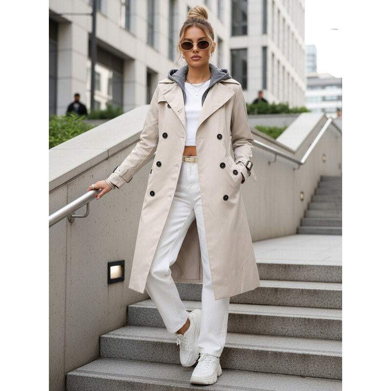 Dámský dvouřadý trenčkot s kapucí světle béžový FashionStreet TY5655 114870030