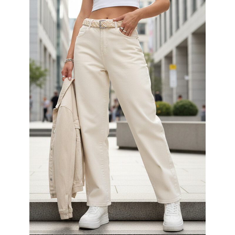 Dámské baggy džíny s páskem s vysokým sedem béžové FashionStreet