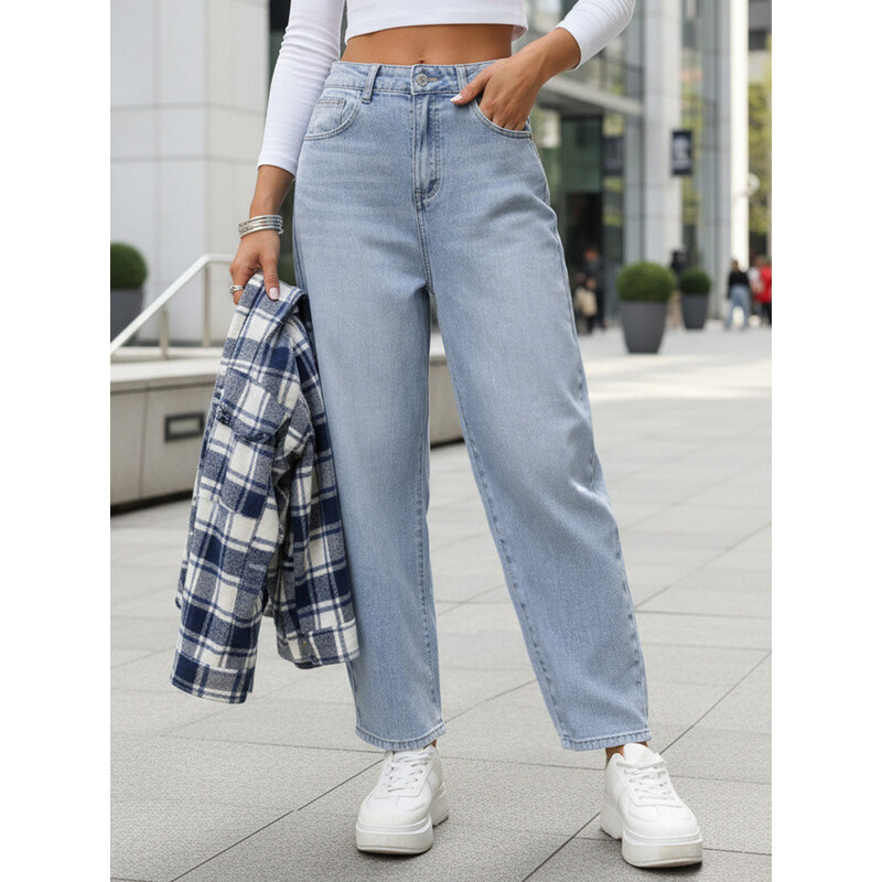 Dámské baggy džíny s vysokým pasem světle modré FashionStreet