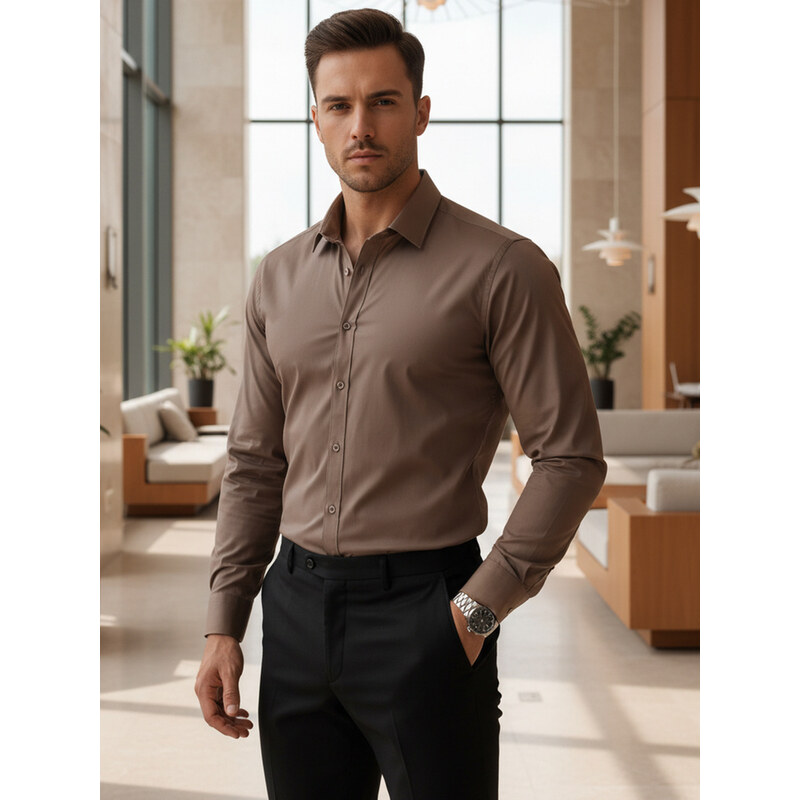 BASIC Pánská košile REGULAR FIT elegantní hladká hnědá