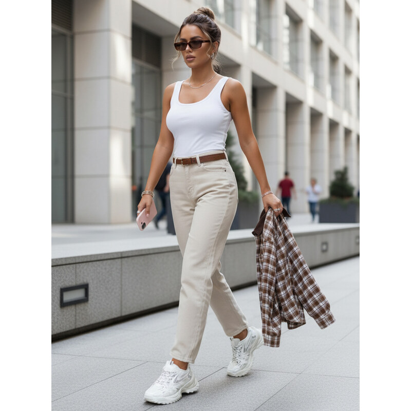 BASIC Dámské mom fit jeans s vysokým pasem a páskem béžové
