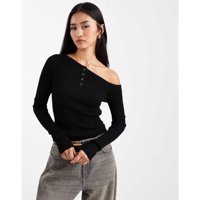 Cotton On off shoulder henley top in black