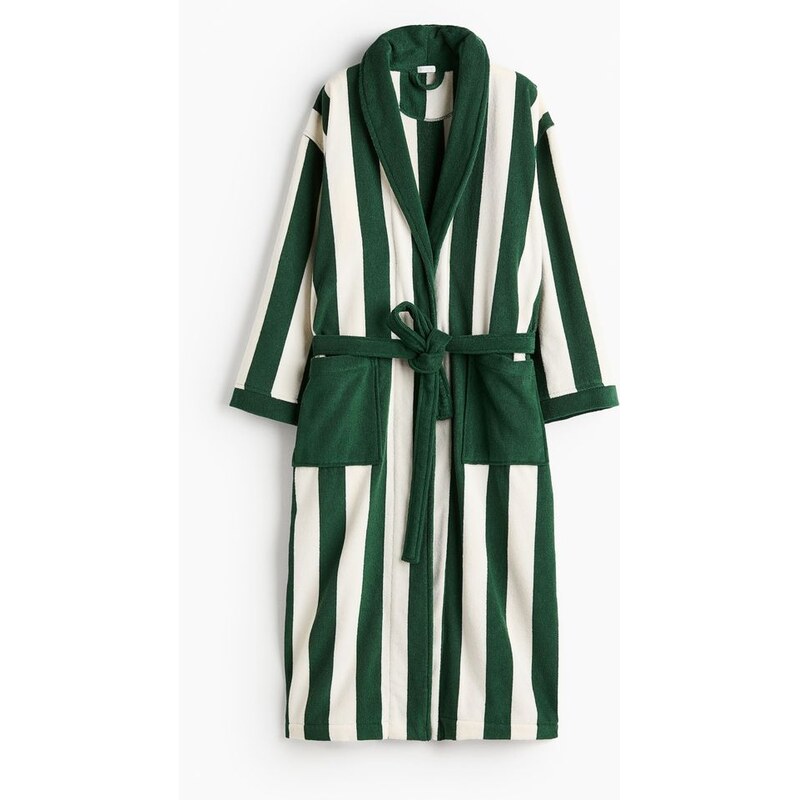 H&M - Župan z bavlněného froté - Tmavě Zelená/Proužky