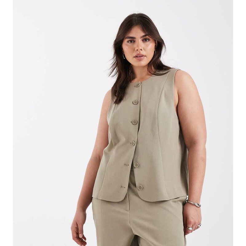 Pieces Plus Pieces Curve tailored waistcoat co-ord in pale khaki