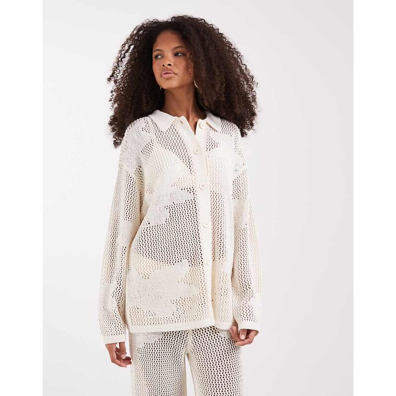 Pretty Lavish open knit floral oversized shirt co-ord in cream